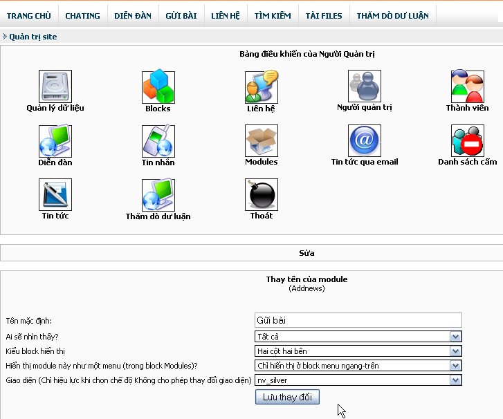 Hệ menu 1 cấp (theo tên module) dựng sẵn trong theme có thể cấu hình tự động
