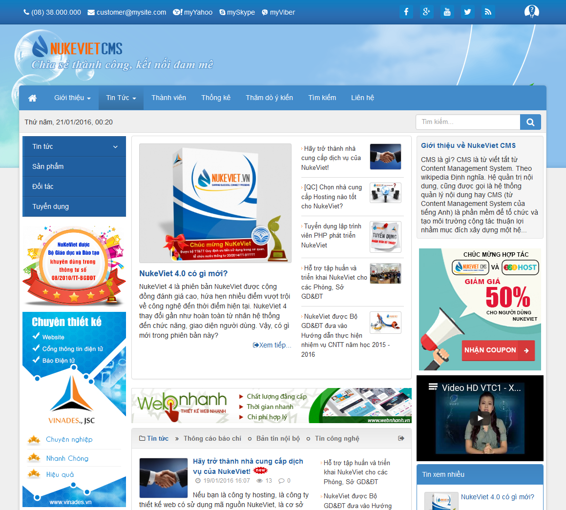 Giao diện website NukeViet 4.0 RC1 ngay sau khi cài đặt