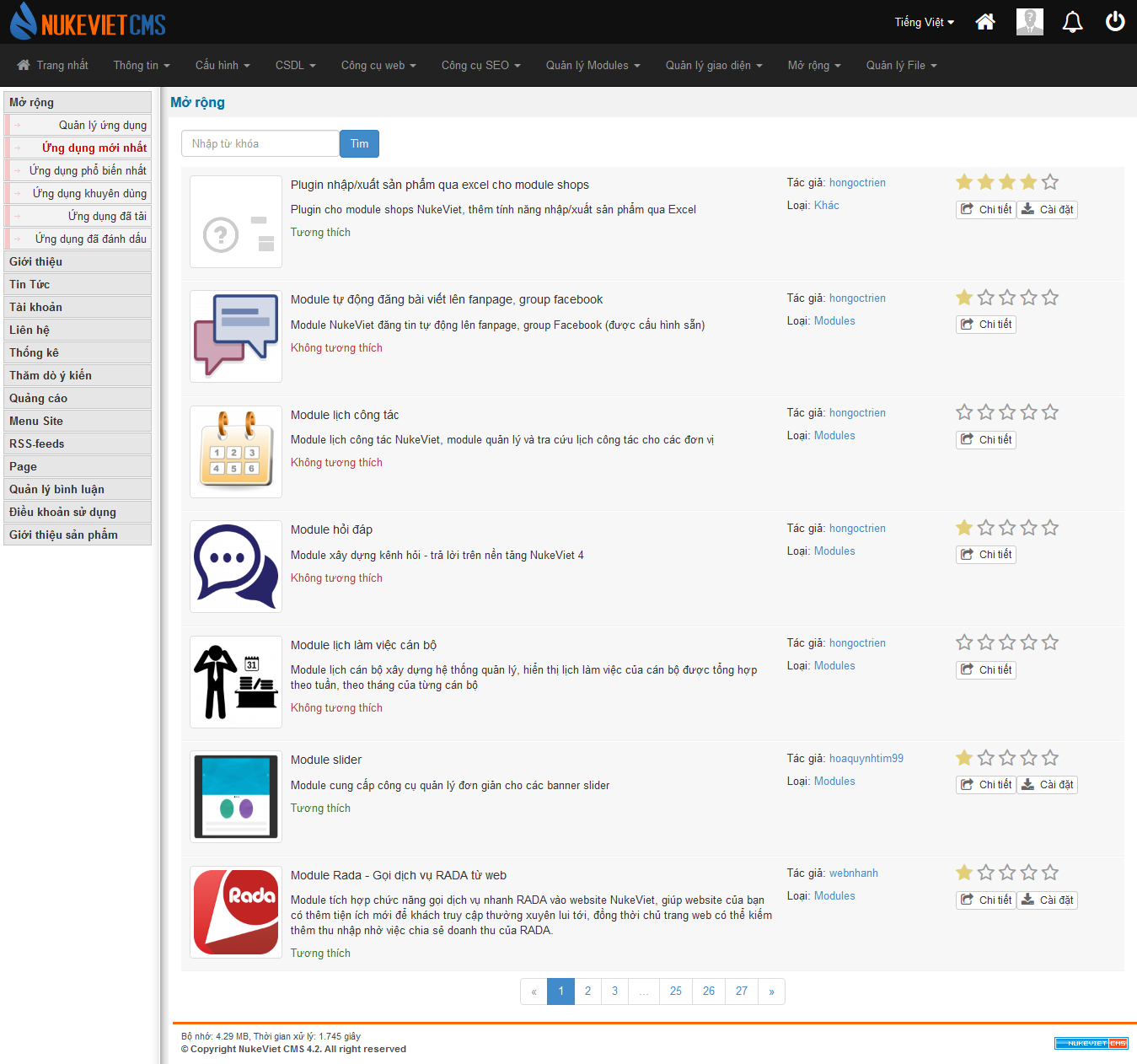 NukeViet CMS 4.2 / Quản lý site / Mở rộng