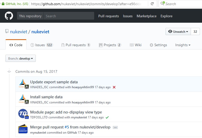 Ảnh chụp nhật ký commits trên kho code NukeViet có logo TDFOSS