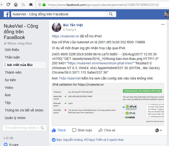 Status ngắn gọn chia sẻ việc site NukeViet.vn đã support IPv6 - Website này cũng sử dụng mã nguồn NukeViet để vận hành.