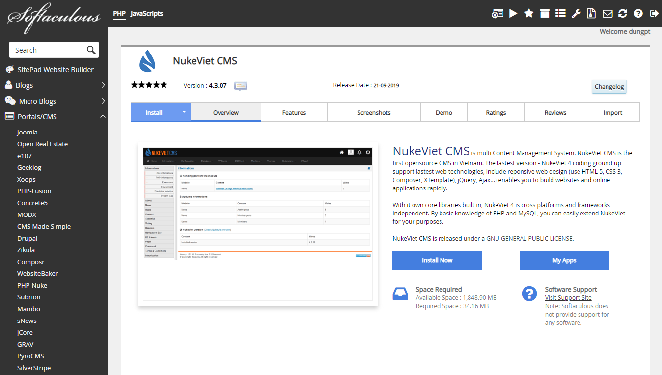 Nukeviet CMS can now be installed easily with just one click via Softaculous